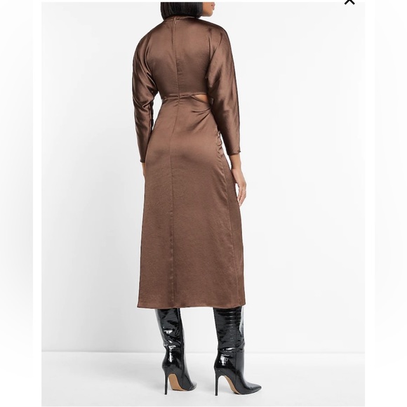 EXPRESS SATIN BROWN CUT OUT MIDI MAXIEVENING LONG SLEEVE PARTY DRESS - Picture 2 of 11
